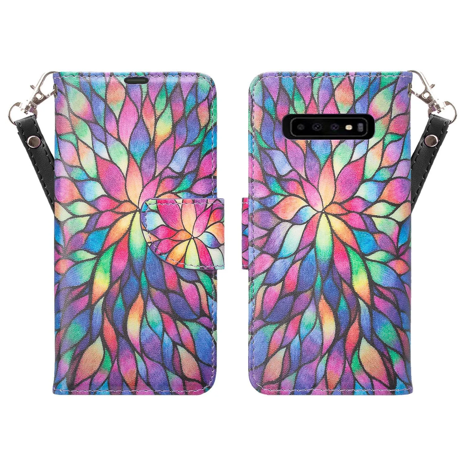 Samsung Galaxy S10 Case, Galaxy S10 Wallet Case, Wrist Strap Pu Leather Wallet Case [Kickstand] with ID & Credit Card Slots - Rainbow Flower