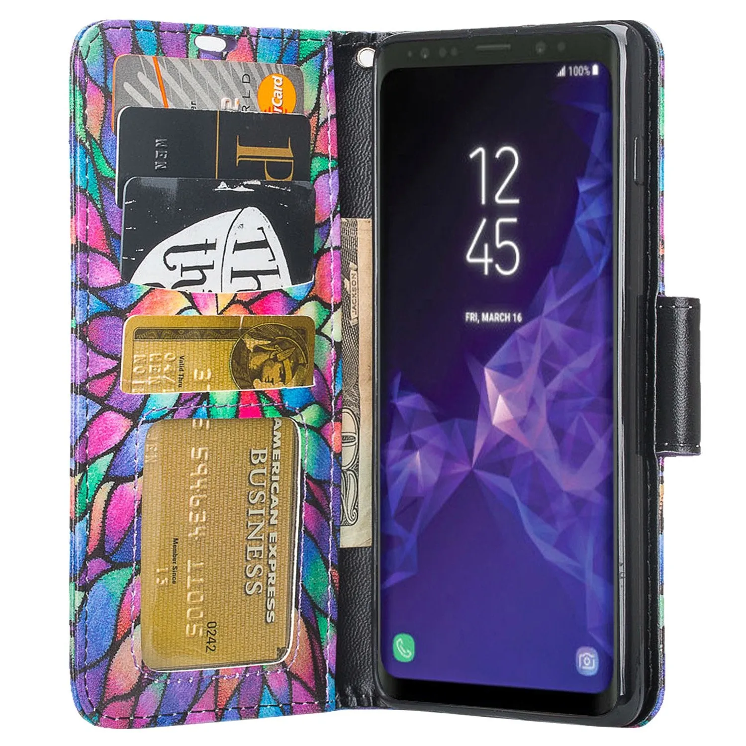 Samsung Galaxy S10 Case, Galaxy S10 Wallet Case, Wrist Strap Pu Leather Wallet Case [Kickstand] with ID & Credit Card Slots - Rainbow Flower