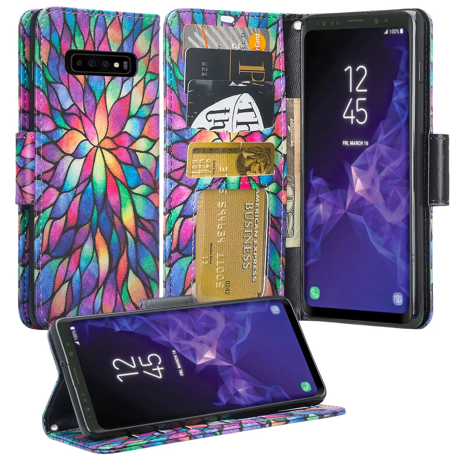 Samsung Galaxy S10 Case, Galaxy S10 Wallet Case, Wrist Strap Pu Leather Wallet Case [Kickstand] with ID & Credit Card Slots - Rainbow Flower