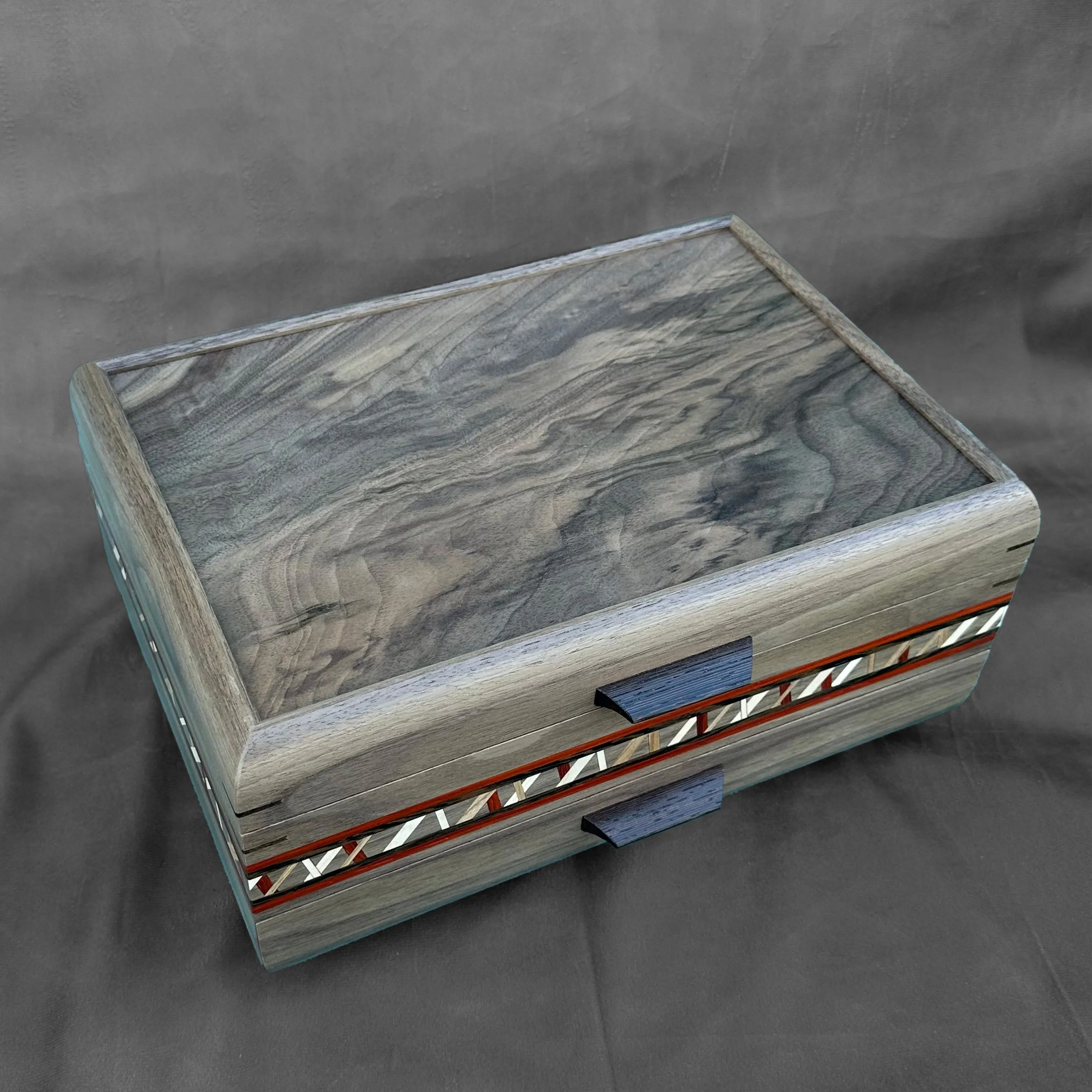 SELECT Sophisticated Jewelry Chest Walnut with Swirled Walnut Lid, Crisscross inlay and Padauk and Wenge Stripe