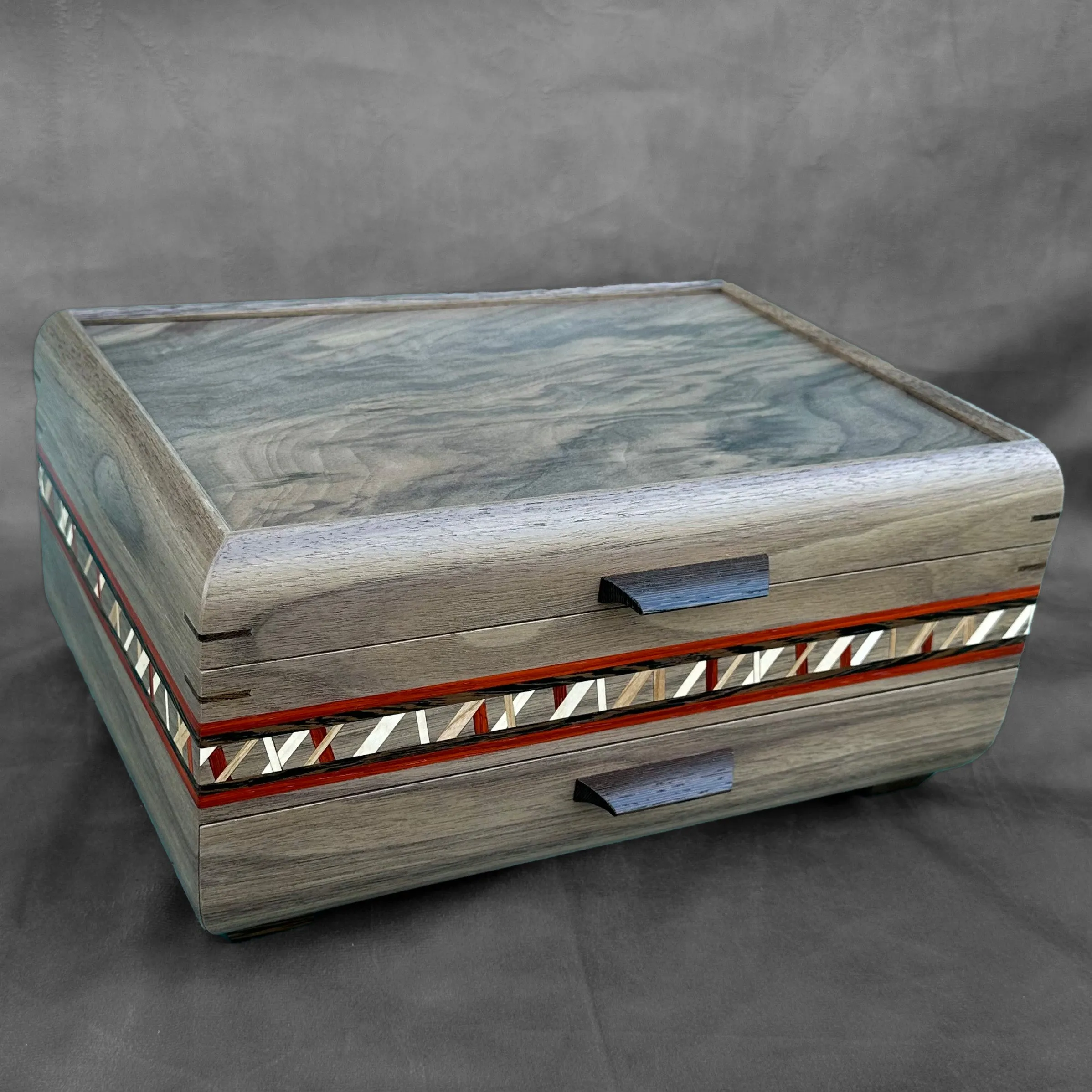 SELECT Sophisticated Jewelry Chest Walnut with Swirled Walnut Lid, Crisscross inlay and Padauk and Wenge Stripe