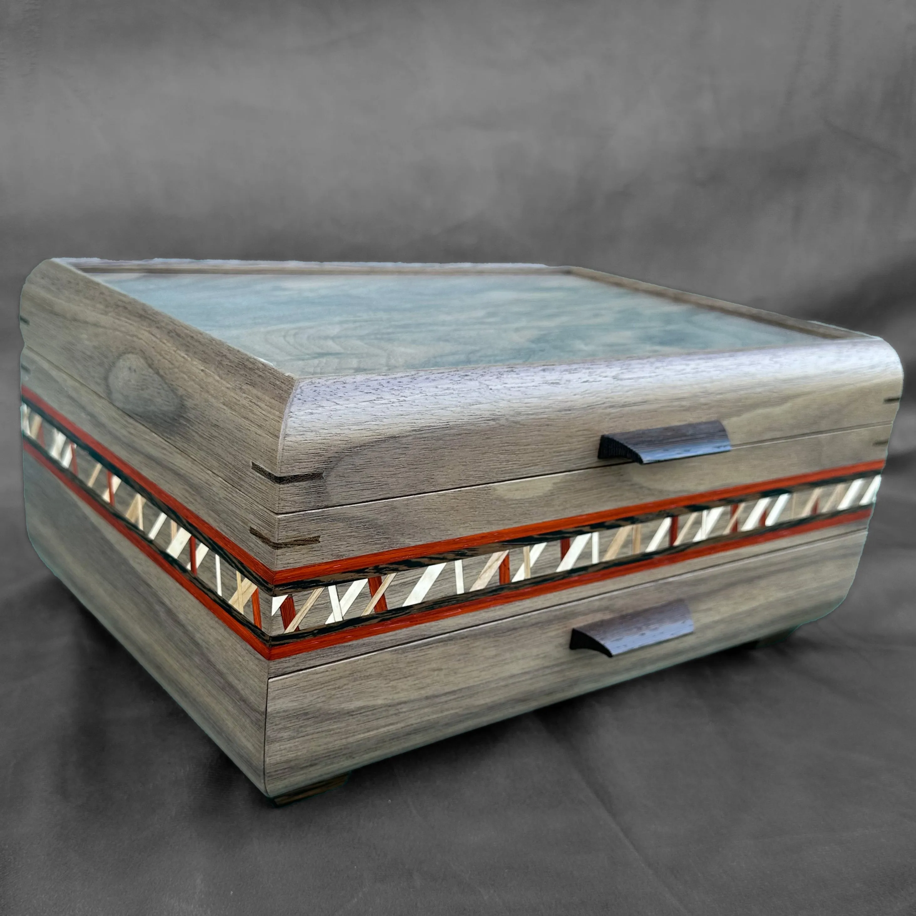 SELECT Sophisticated Jewelry Chest Walnut with Swirled Walnut Lid, Crisscross inlay and Padauk and Wenge Stripe