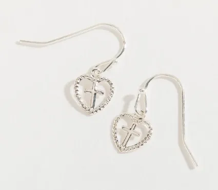 Silver Heart With Cross Earrings