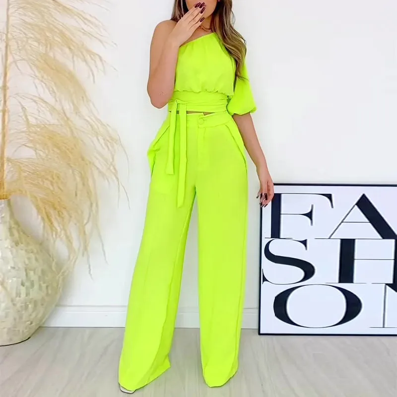 Slanted collar one side sleeve high waist casual two piece set