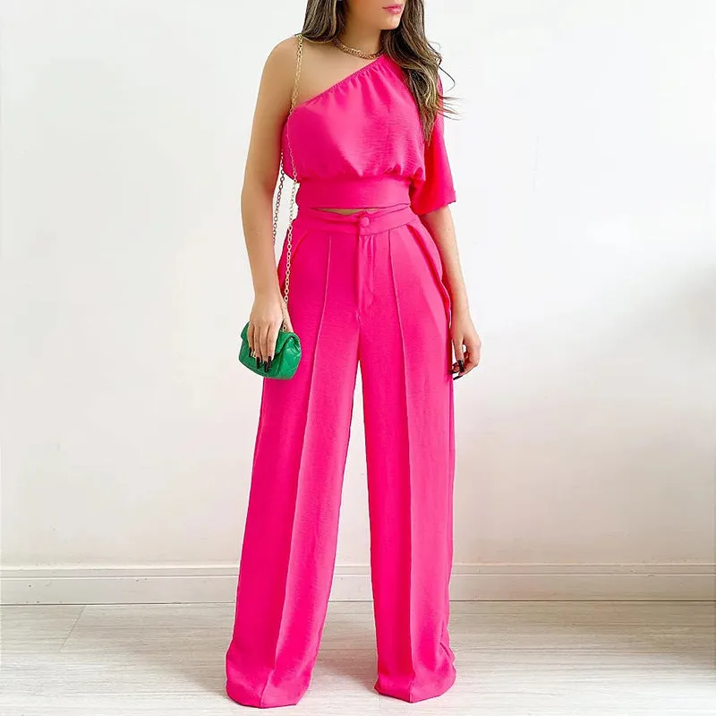 Slanted collar one side sleeve high waist casual two piece set