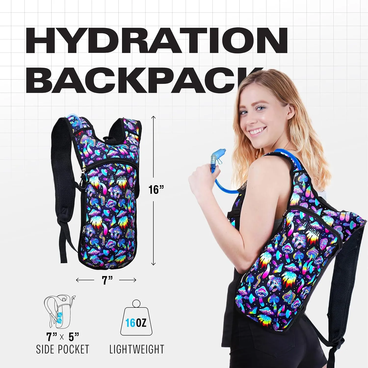 Sojourner Hydration Pack, Hydration Backpack - Water Backpack with 2L Hydration Bladder, Festival Essential - Rave Hydration Pack Hydropack Hydro for Hiking, Running, Biking, Festival Gear