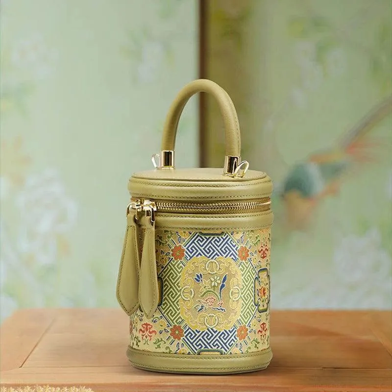 Song Brocade Leather Bucket Cylinder Bag