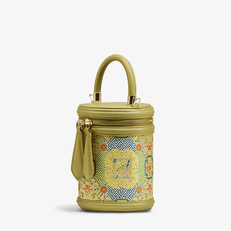 Song Brocade Leather Bucket Cylinder Bag