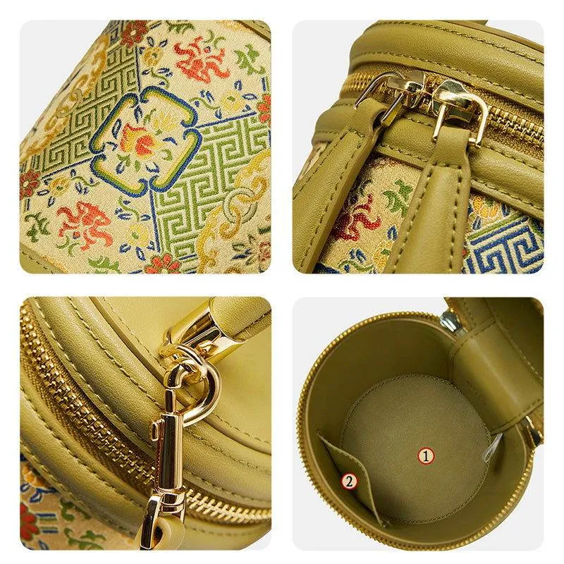 Song Brocade Leather Bucket Cylinder Bag