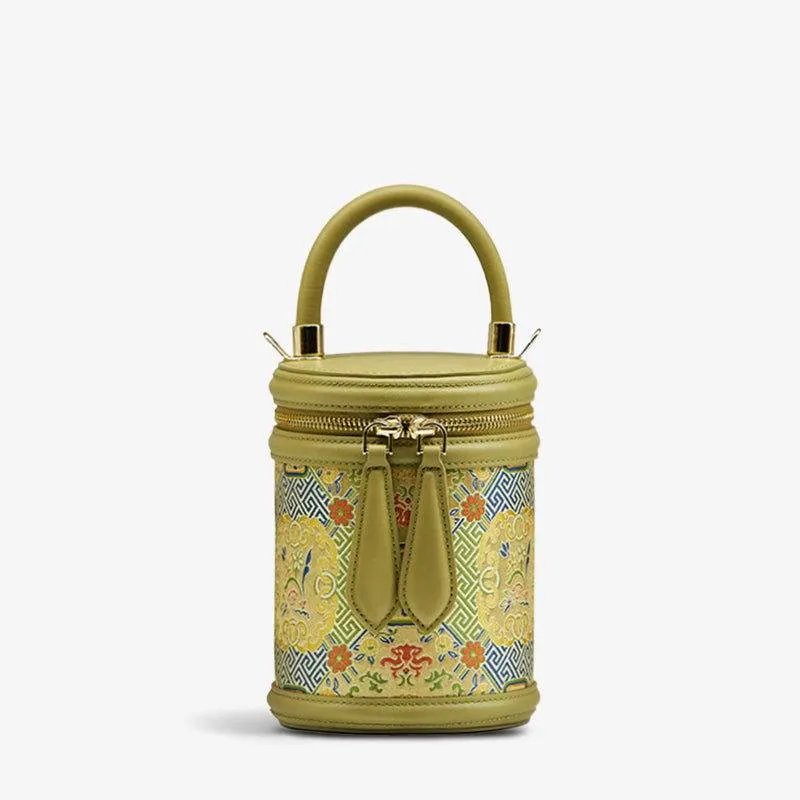 Song Brocade Leather Bucket Cylinder Bag