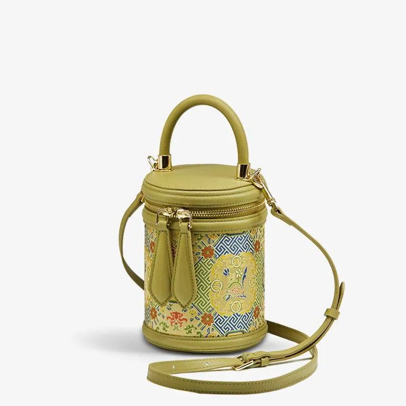 Song Brocade Leather Bucket Cylinder Bag