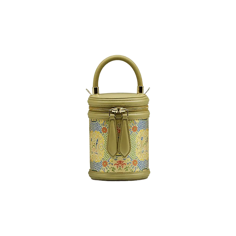 Song Brocade Leather Bucket Cylinder Bag