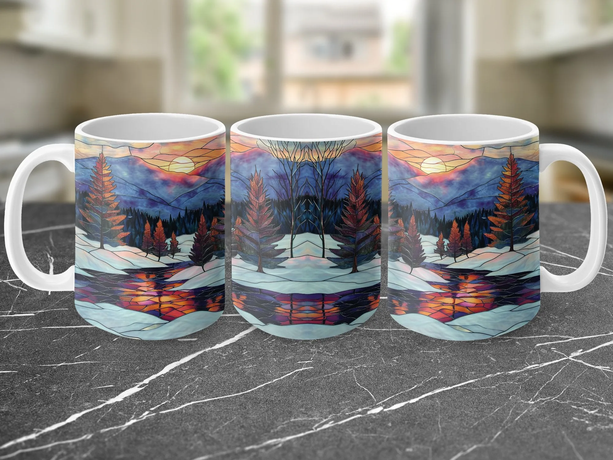 Stained Glass Mountain Sunset Mug, Artistic Nature Scene Coffee Cup, Unique Wilderness Reflection Drinkware, Gift Idea