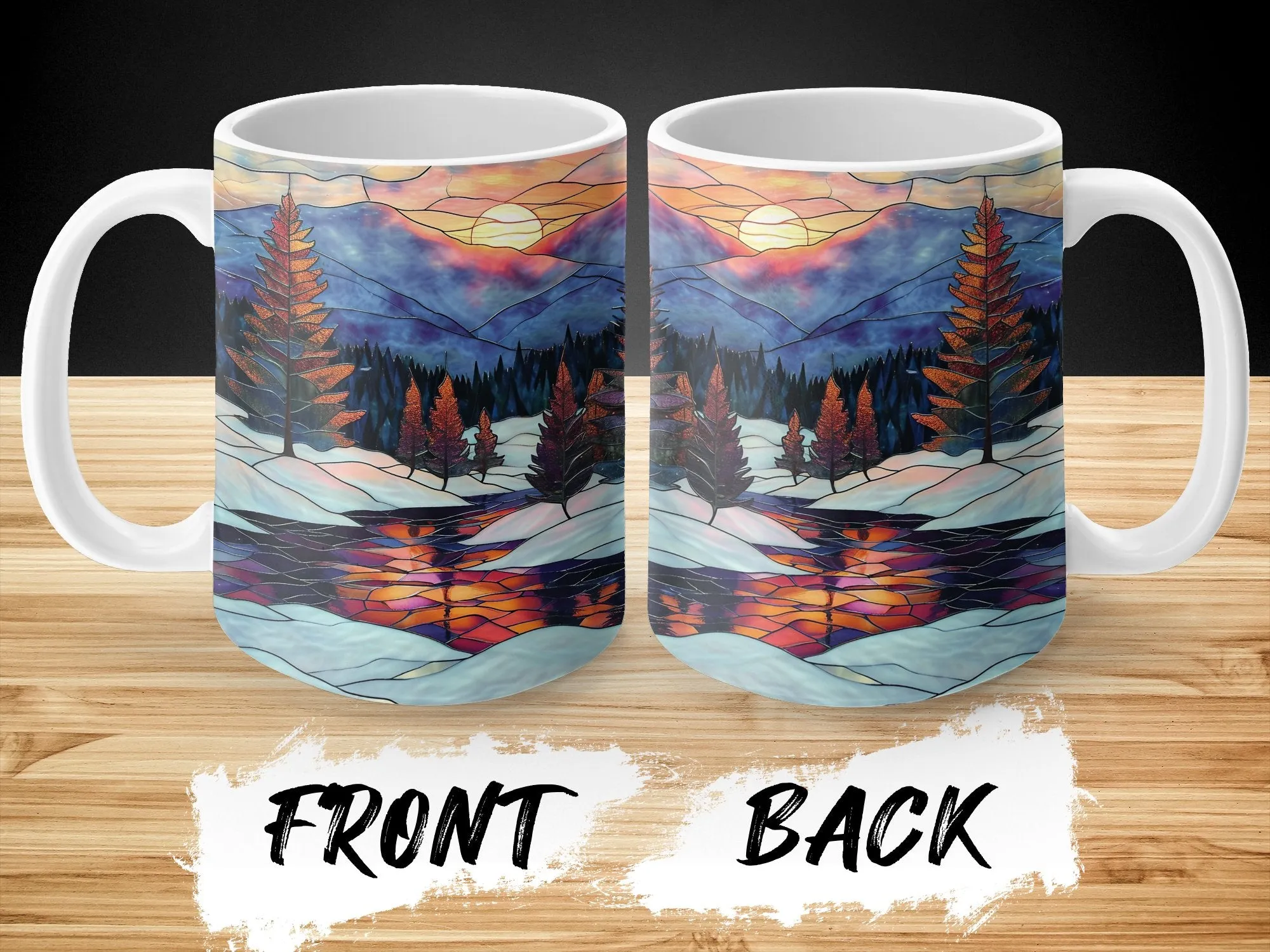 Stained Glass Mountain Sunset Mug, Artistic Nature Scene Coffee Cup, Unique Wilderness Reflection Drinkware, Gift Idea