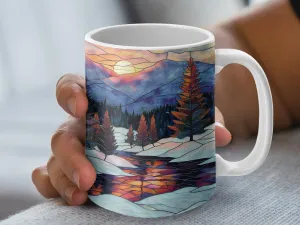 Stained Glass Mountain Sunset Mug, Artistic Nature Scene Coffee Cup, Unique Wilderness Reflection Drinkware, Gift Idea