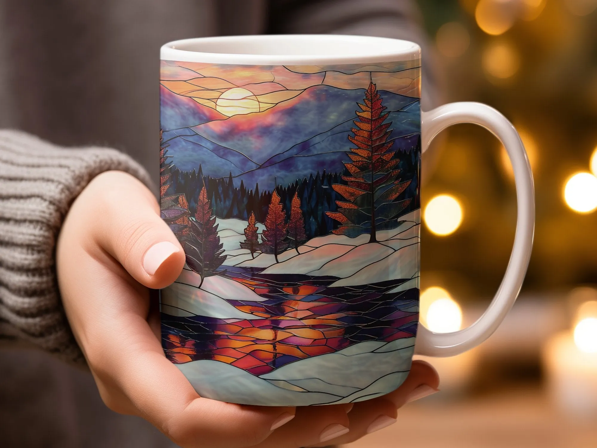 Stained Glass Mountain Sunset Mug, Artistic Nature Scene Coffee Cup, Unique Wilderness Reflection Drinkware, Gift Idea