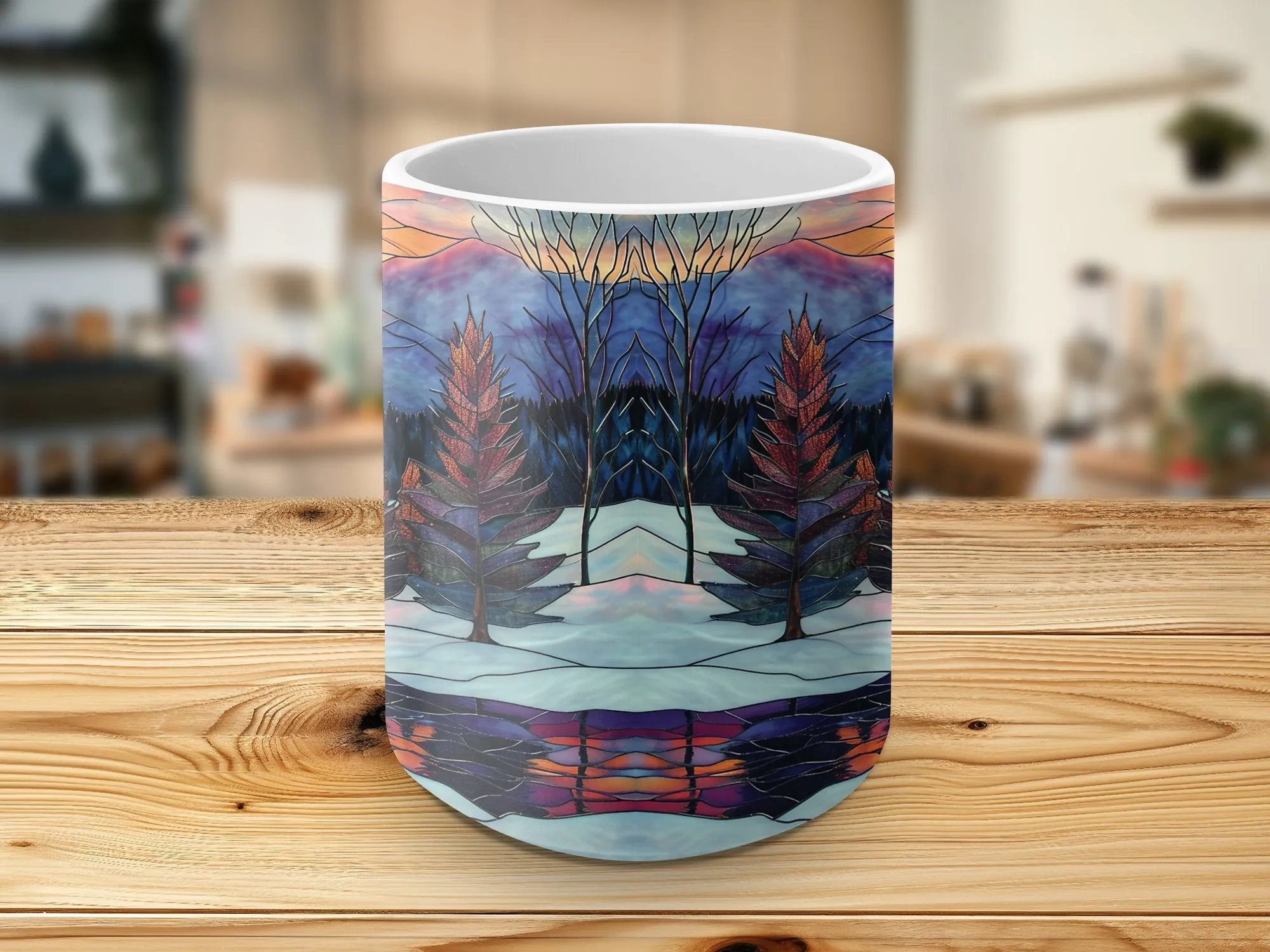 Stained Glass Mountain Sunset Mug, Artistic Nature Scene Coffee Cup, Unique Wilderness Reflection Drinkware, Gift Idea