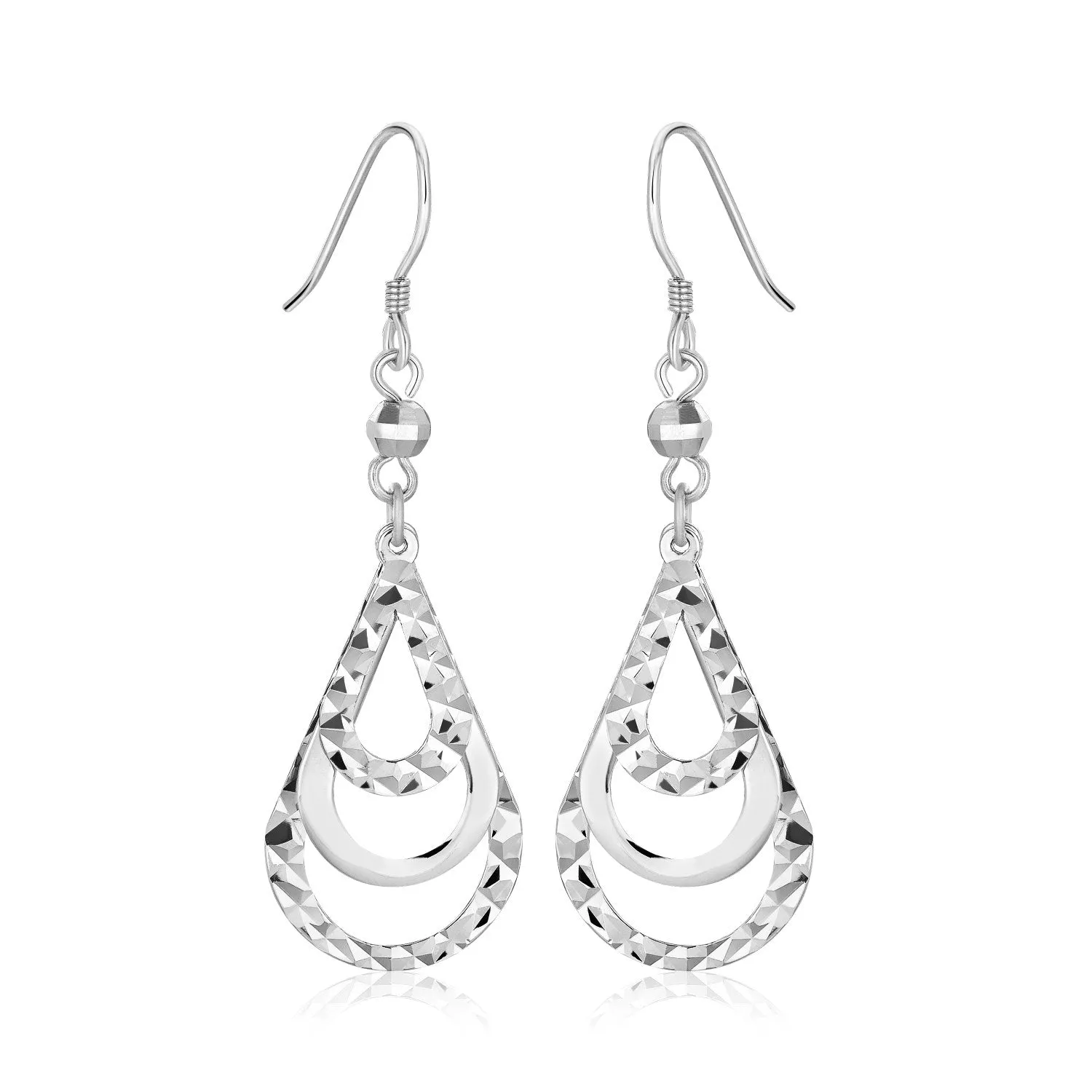 Sterling Silver Textured Graduated Open Teardrop Dangling Earrings