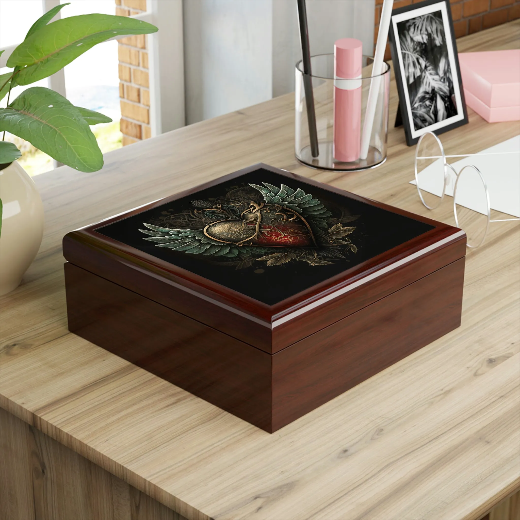 Tattoo Heart Wood Keepsake Jewelry Box with Ceramic Tile Cover