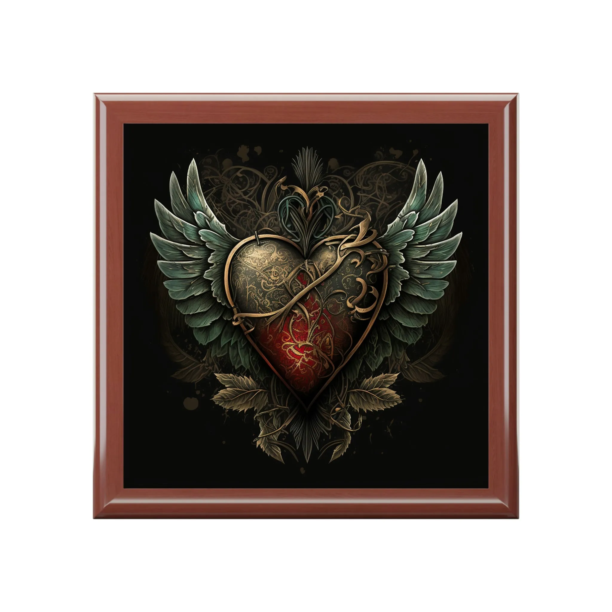 Tattoo Heart Wood Keepsake Jewelry Box with Ceramic Tile Cover