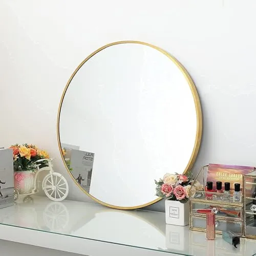 The Artment your artistic apartment Orbit High Definition Round Shape Wall Mirror with Gold Metal Frame for Living Room || Bedroom || Bathroom, Home & Decor with Hanging Stripes (Gold Frame, 20 Inch)