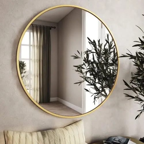 The Artment your artistic apartment Orbit High Definition Round Shape Wall Mirror with Gold Metal Frame for Living Room || Bedroom || Bathroom, Home & Decor with Hanging Stripes (Gold Frame, 20 Inch)