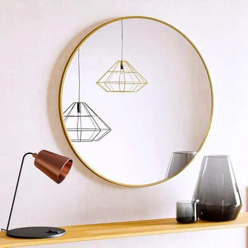 The Artment your artistic apartment Orbit High Definition Round Shape Wall Mirror with Gold Metal Frame for Living Room || Bedroom || Bathroom, Home & Decor with Hanging Stripes (Gold Frame, 20 Inch)