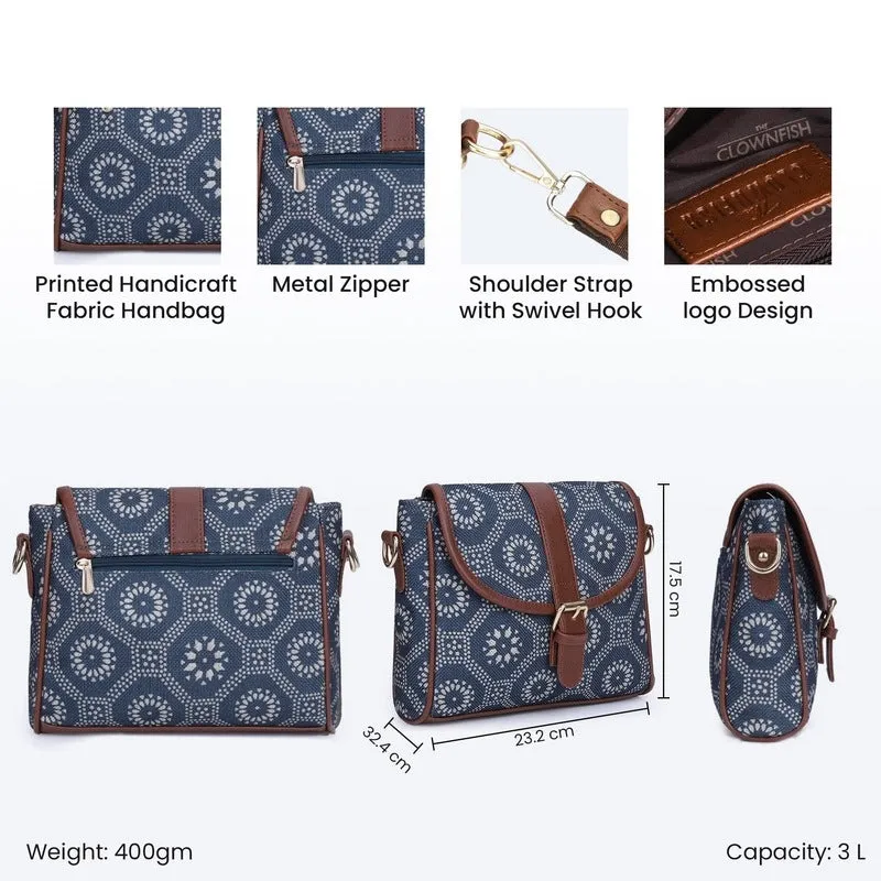 THE CLOWNFISH Madeline Printed Handicraft Fabric Handbag for Women Sling Bag Office Bag Ladies Shoulder Bag with Snap Flap Closure & Shoulder Belt Tote For Women College Girls (Lead Grey)