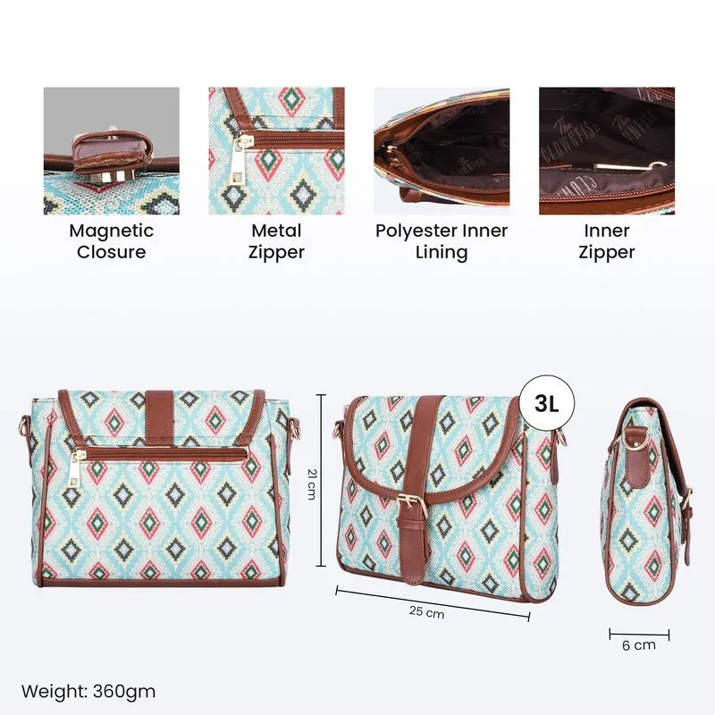 The Clownfish Madeline Printed Handicraft Fabric Handbag for Women Sling Bag Office Bag Ladies Shoulder Bag with Snap Flap Closure & Shoulder Belt Tote For Women College Girls (Skyblue-Diamond Design)