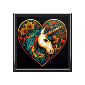 Unicorn Heart Wood Keepsake Jewelry Box with Ceramic Tile Cover