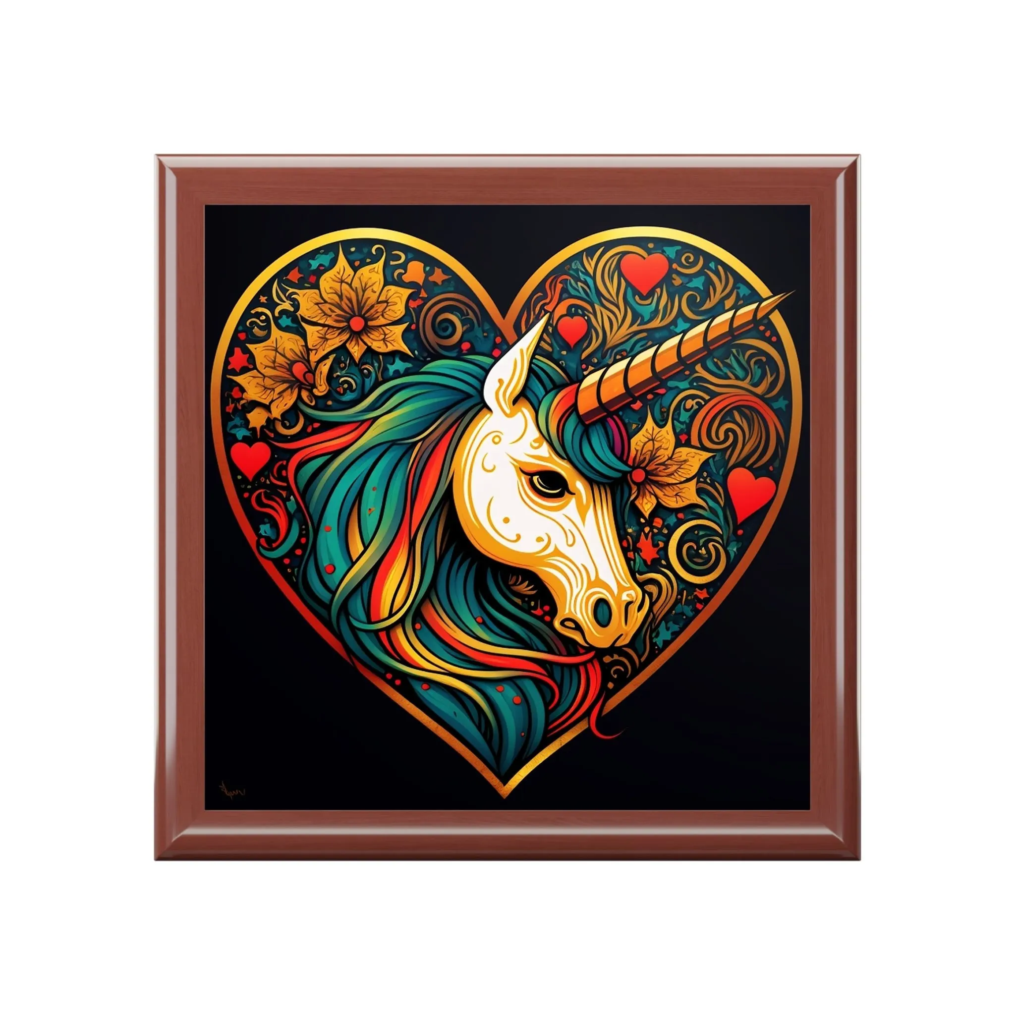 Unicorn Heart Wood Keepsake Jewelry Box with Ceramic Tile Cover