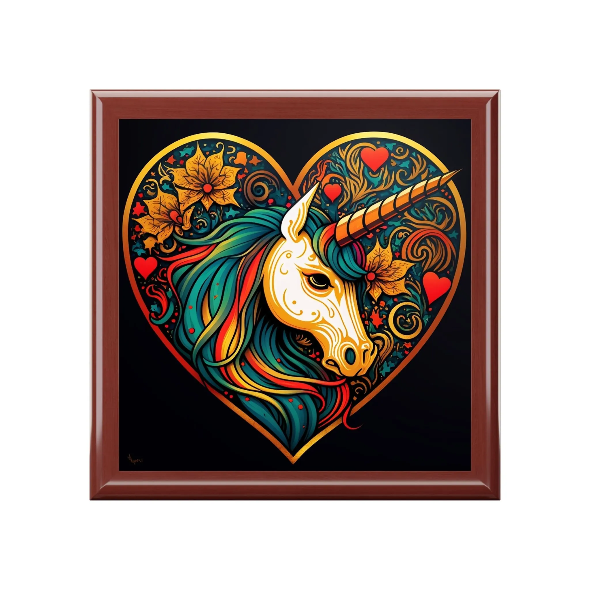 Unicorn Heart Wood Keepsake Jewelry Box with Ceramic Tile Cover