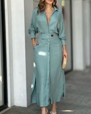 V-neck side slit shirt dress