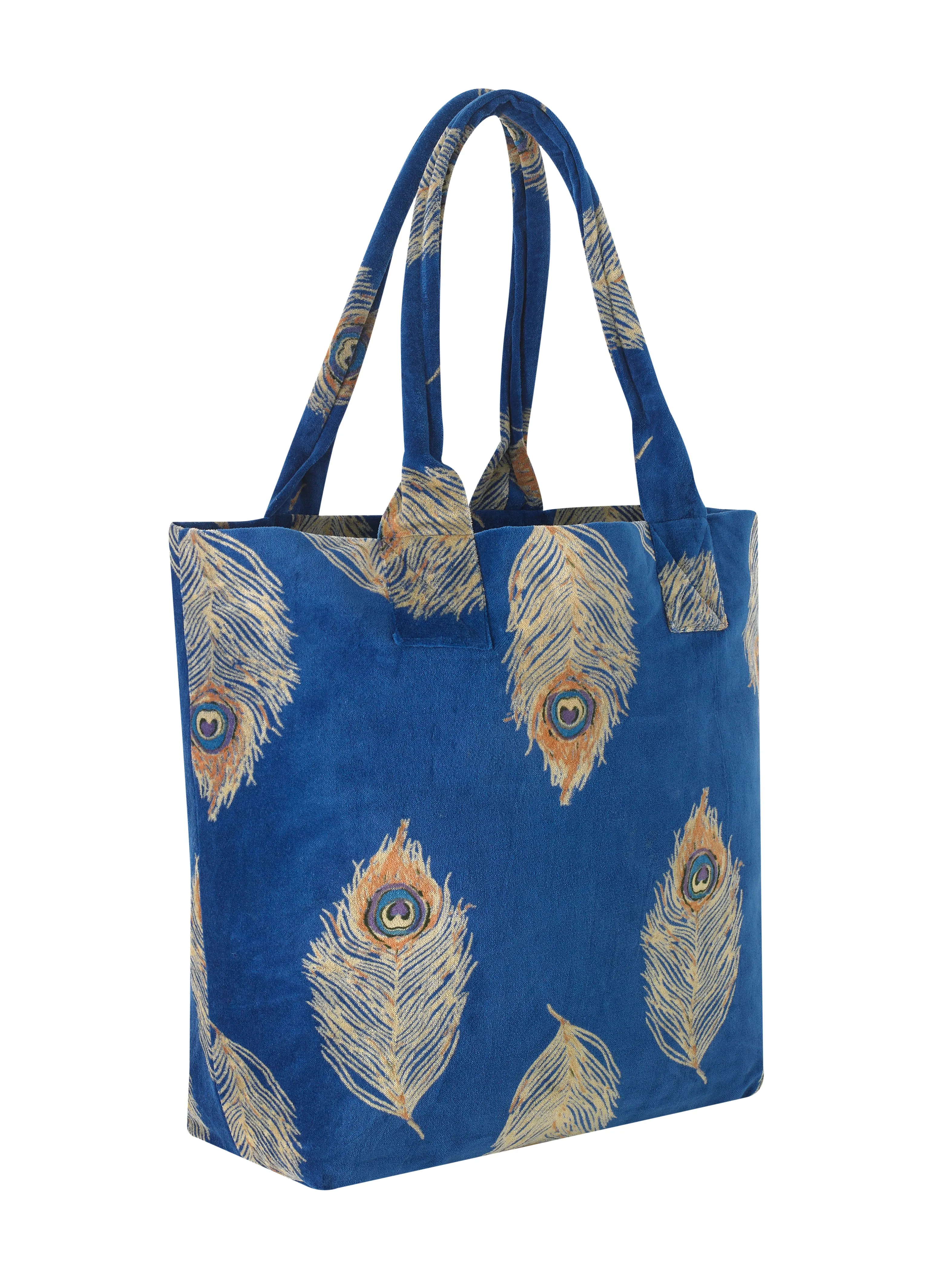 Velvet Tote Bag Navy Peacock Gold Feather