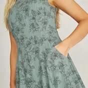 Verdigris Lily Print Fit and Flare Dress