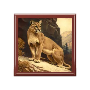 Vintage Antique Mountain Lion Puma Wood Keepsake Jewelry Box with Ceramic Tile Cover