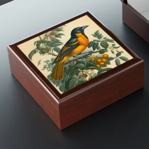 Vintage Baltimore Oriole Wood Keepsake Jewelry Box with Ceramic Tile Cover