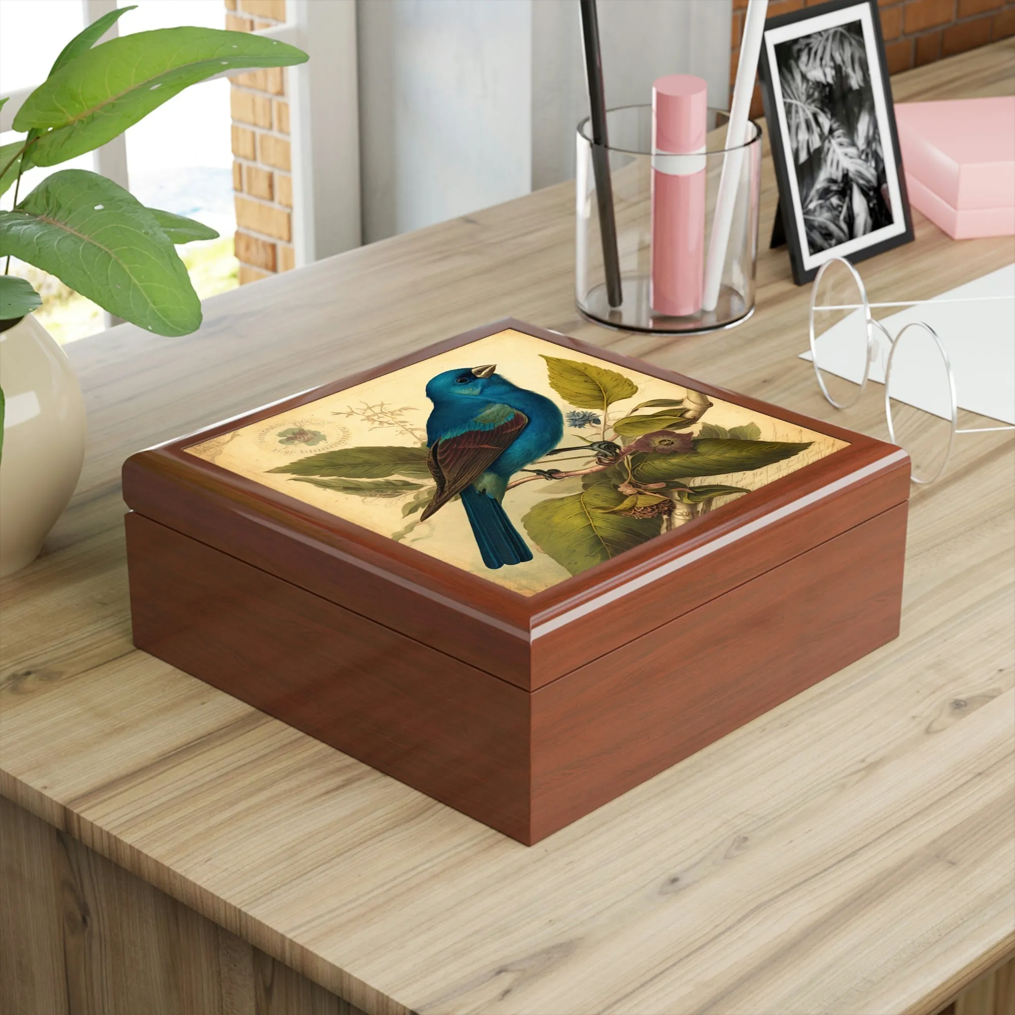 Vintage Indigo Bunting Wooden Keepsake Jewelry Box