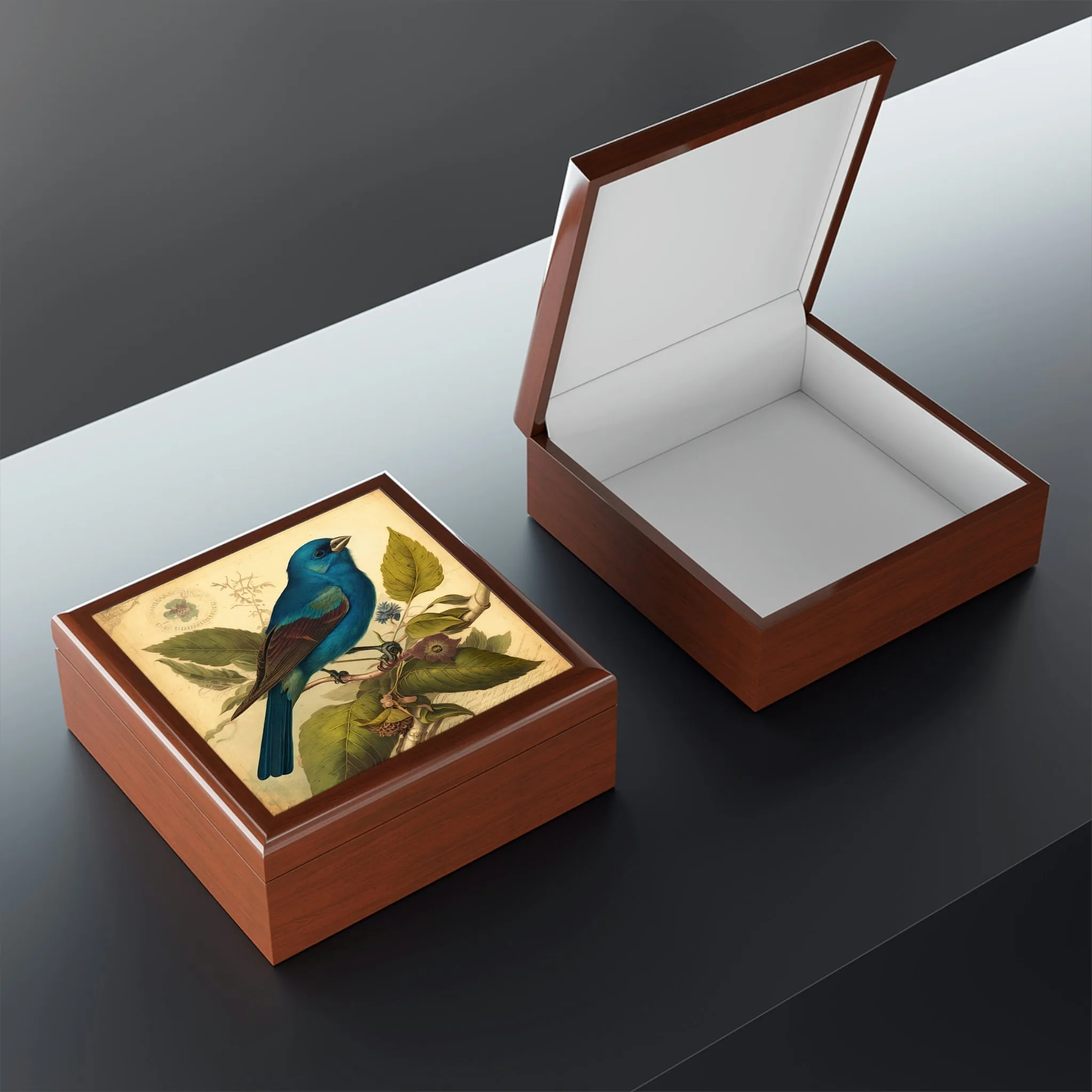 Vintage Indigo Bunting Wooden Keepsake Jewelry Box