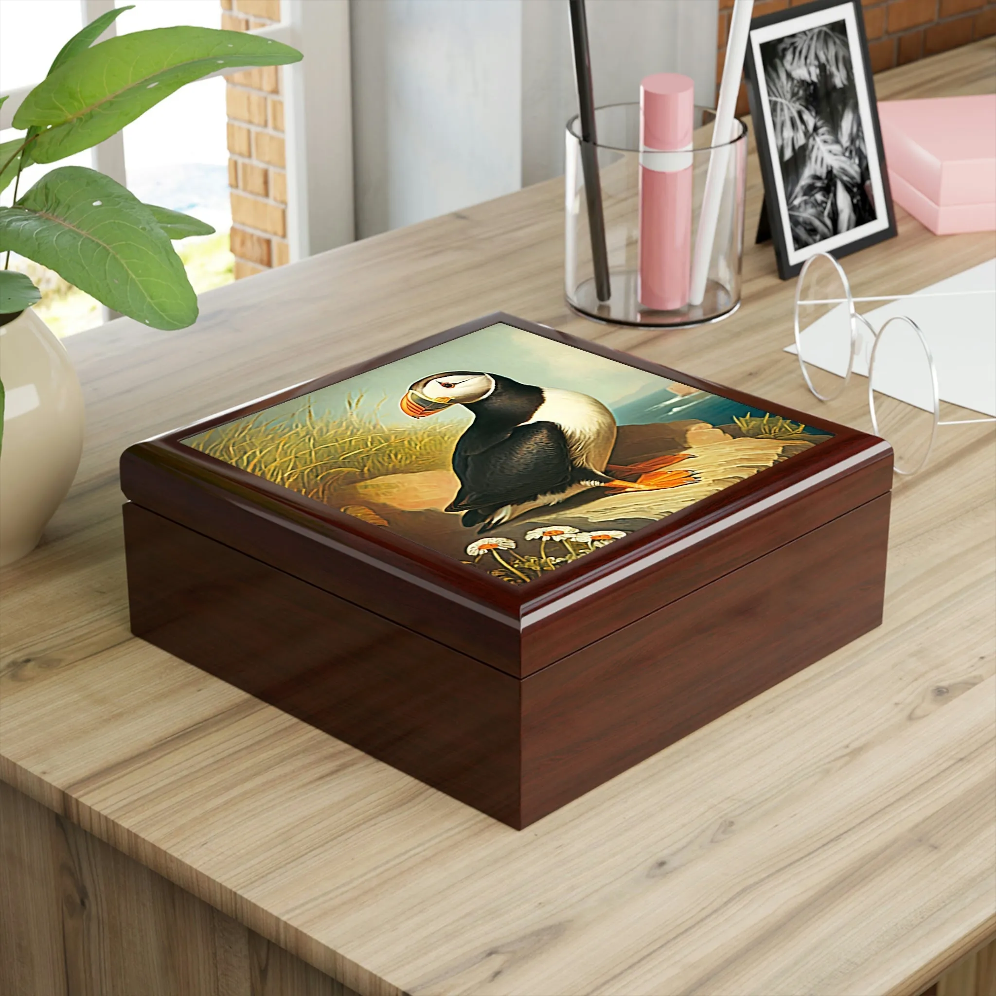 Vintage Puffin Wooden Keepsake Jewelry Box