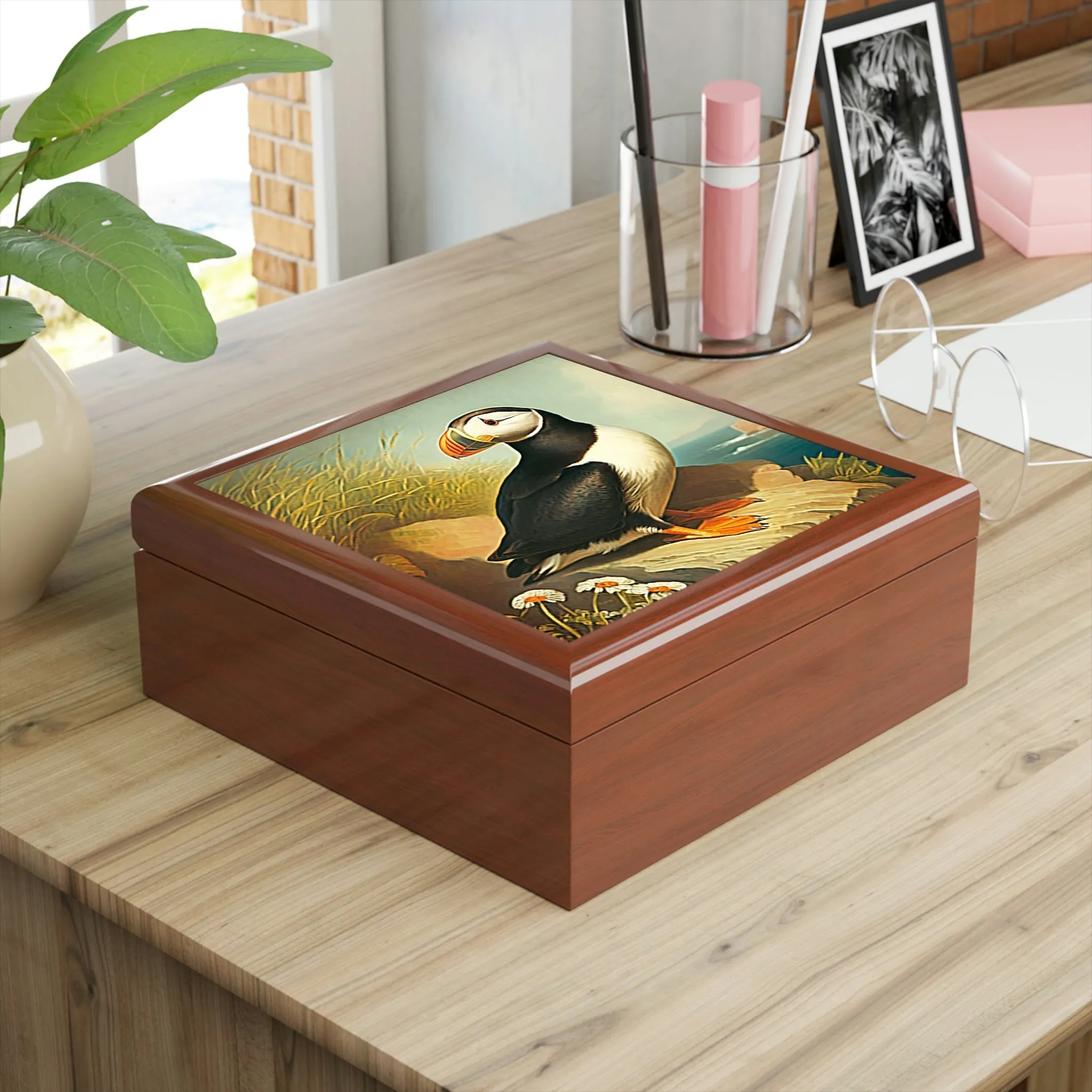 Vintage Puffin Wooden Keepsake Jewelry Box