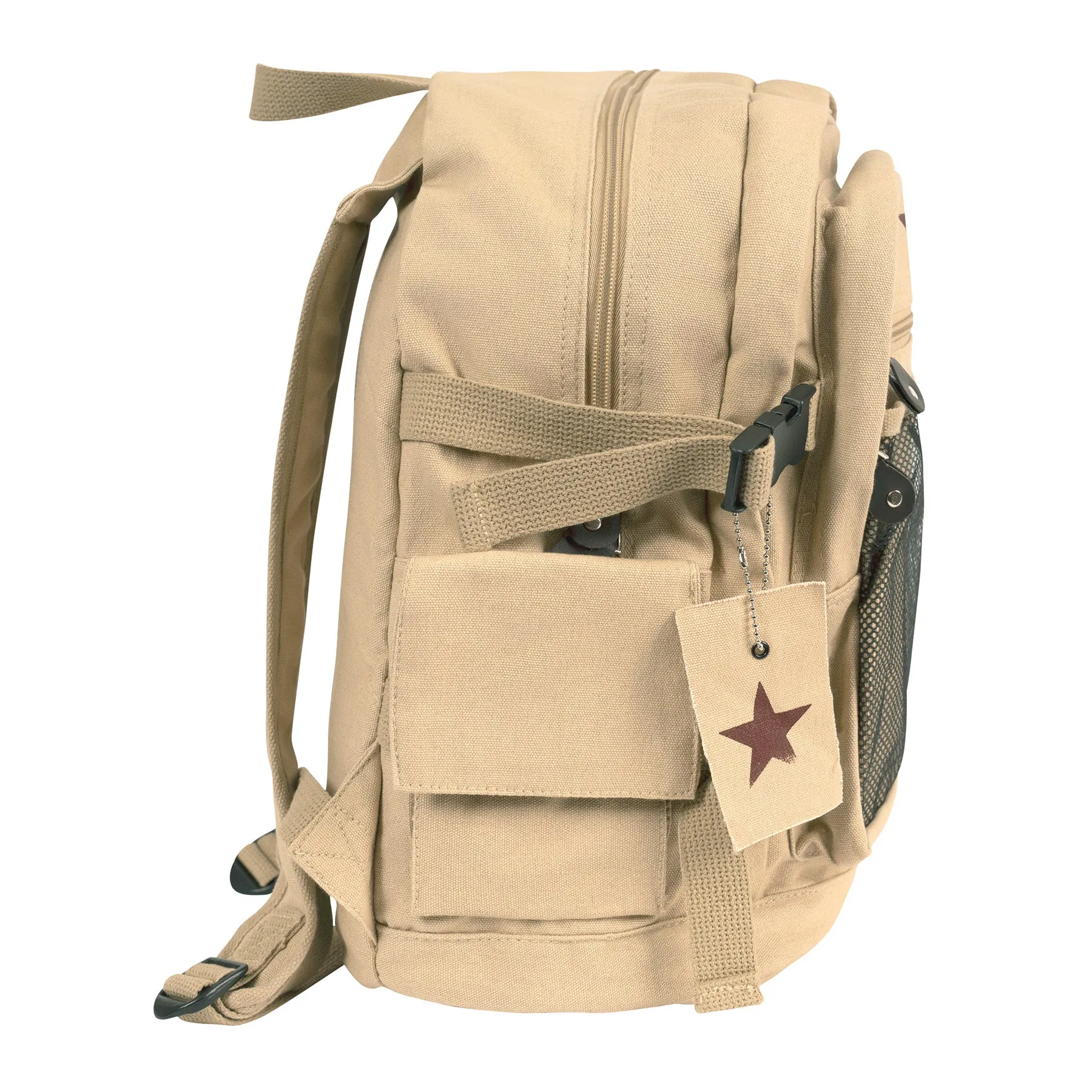 Vintage Stone Washed Canvas Backpack With Red Star Adjustable Rucksack Schoolbag