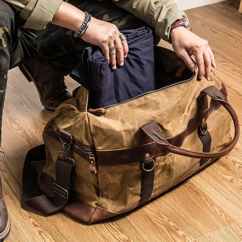 Waxed Canvas Duffle Bag Monogrammed Weekend Bag