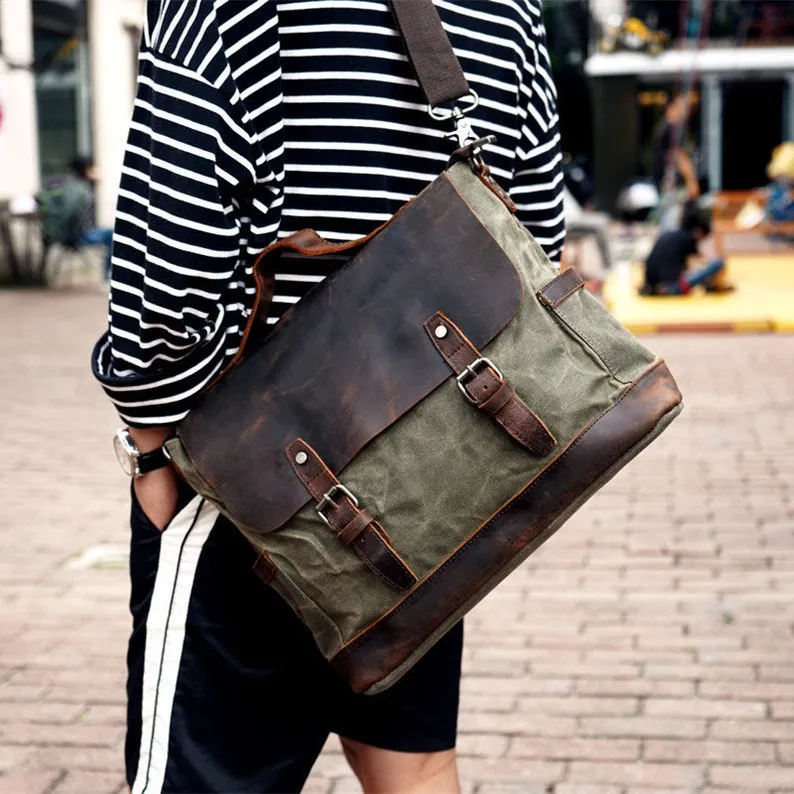 Waxed Canvas Messenger Bag Men Satchel Briefcase