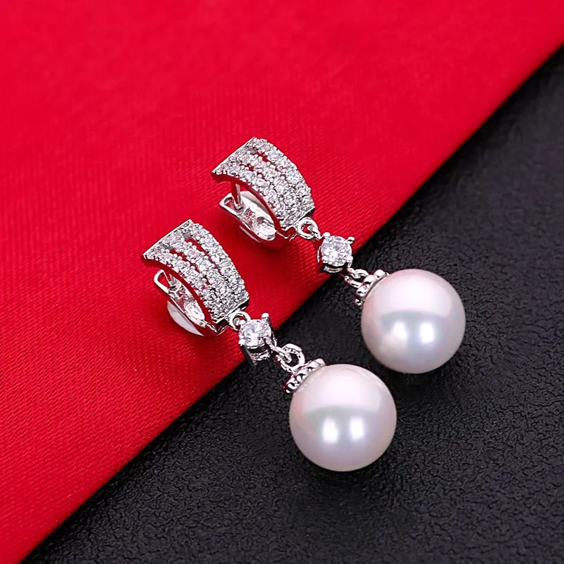 White Cubic Zirconia Pearl Fashion Jewelry Silver Stud Earrings