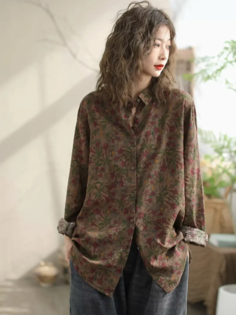 Women's Summer Retro Artistic Printed Lapel Tops