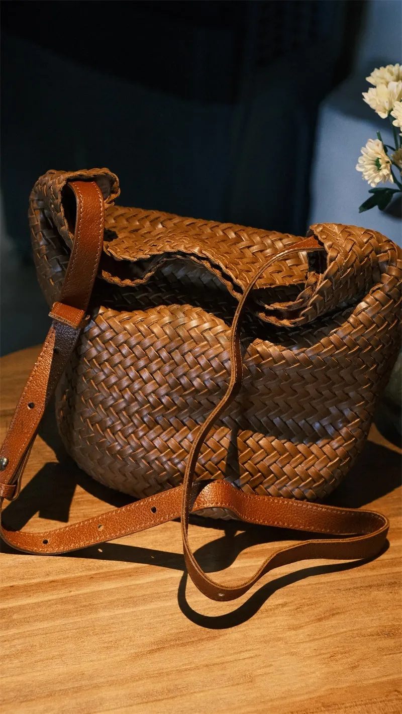 Women's Woven Leather Bucket Bag Leather Woven Bucket Crossbody Bag