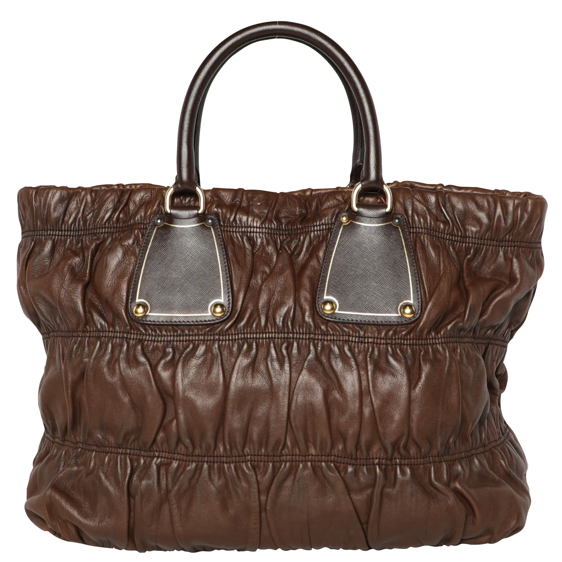 Y2K Prada Ruched Leather Top Handle Tote Oversize Bag - Chocolate