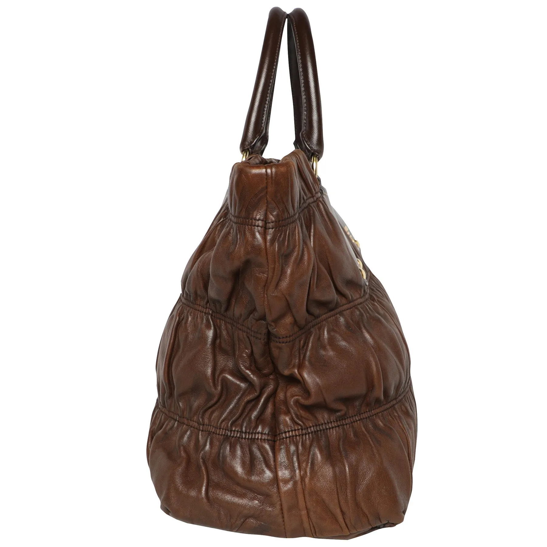 Y2K Prada Ruched Leather Top Handle Tote Oversize Bag - Chocolate