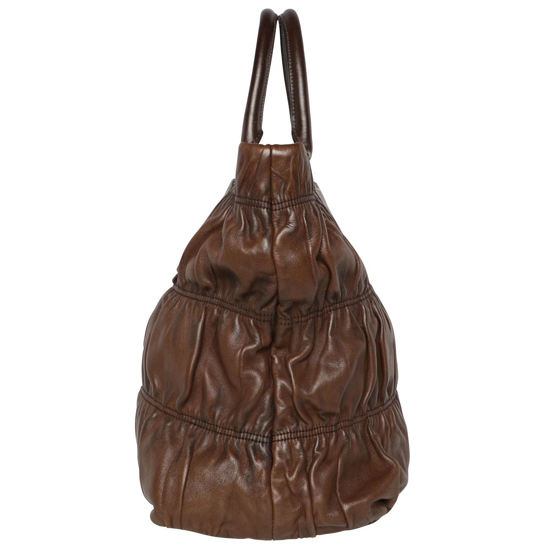 Y2K Prada Ruched Leather Top Handle Tote Oversize Bag - Chocolate